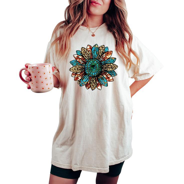 Western Country Texas Cowgirl Turquoise Cowhide Sunflower Women's Oversized Comfort T-shirt