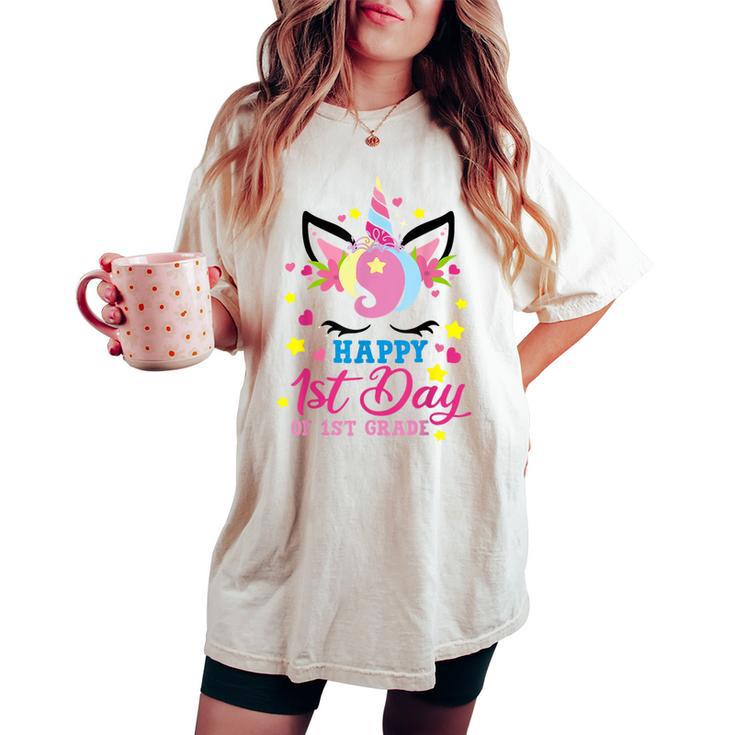 1St Grade Cute Unicorn Girls Happy First Day Of School Women's Oversized Comfort T-shirt