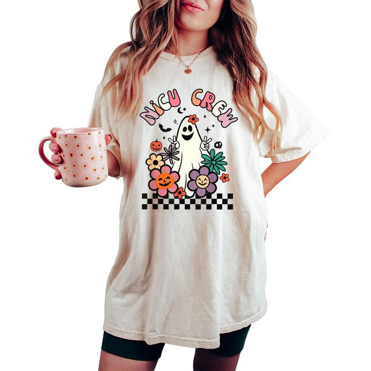Retro Halloween Nicu Crew Nurse Groovy Floral Ghost Boo Women's Oversized Comfort T-shirt