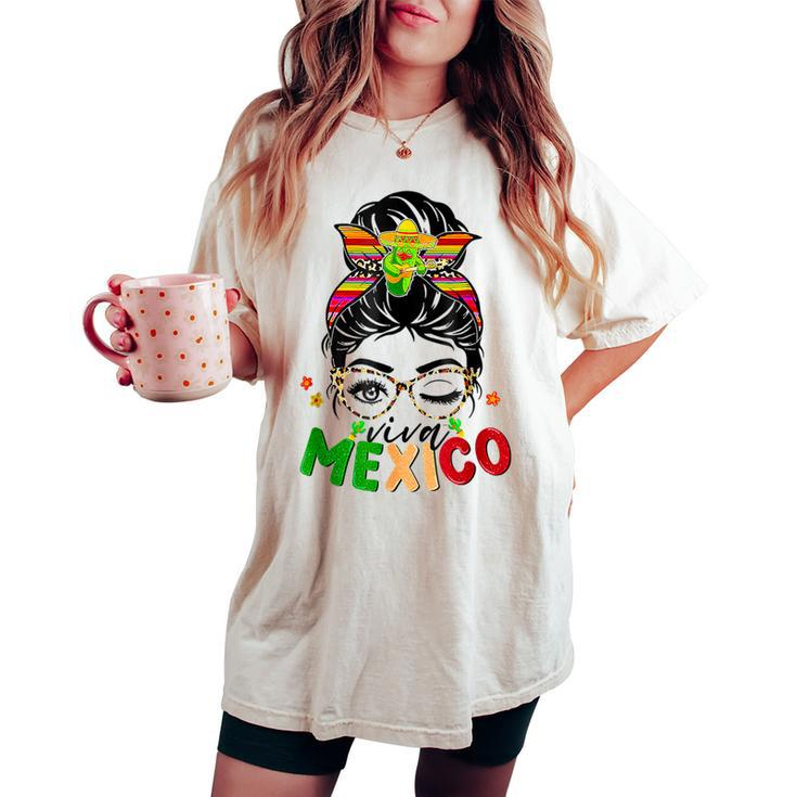 Retro Viva Mexico Messy Bun Mexican Flag Pride Girls Women's Oversized Comfort T-shirt