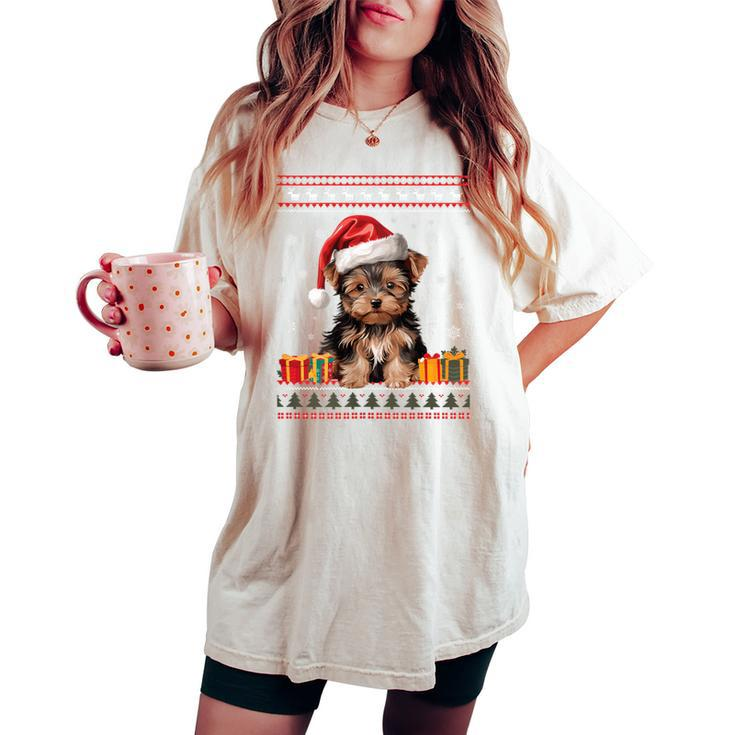 Yorkshire Terrier Dog Santa Hat Ugly Christmas Sweater Women's Oversized Comfort T-shirt