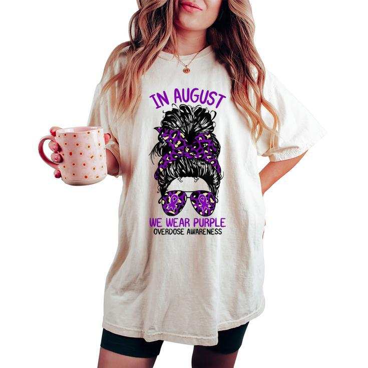 In August We Wear Purple Ribbon Overdose Awareness Messy Bun Women's Oversized Comfort T-shirt