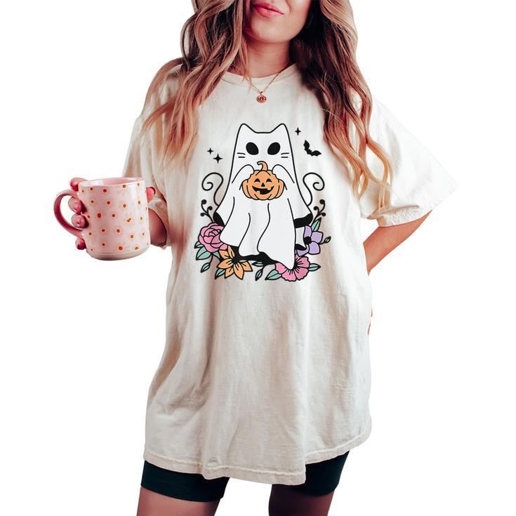 Cat Ghosts Boo Halloween Retro Pumpkin Floral Flowers Women's Oversized Comfort T-shirt