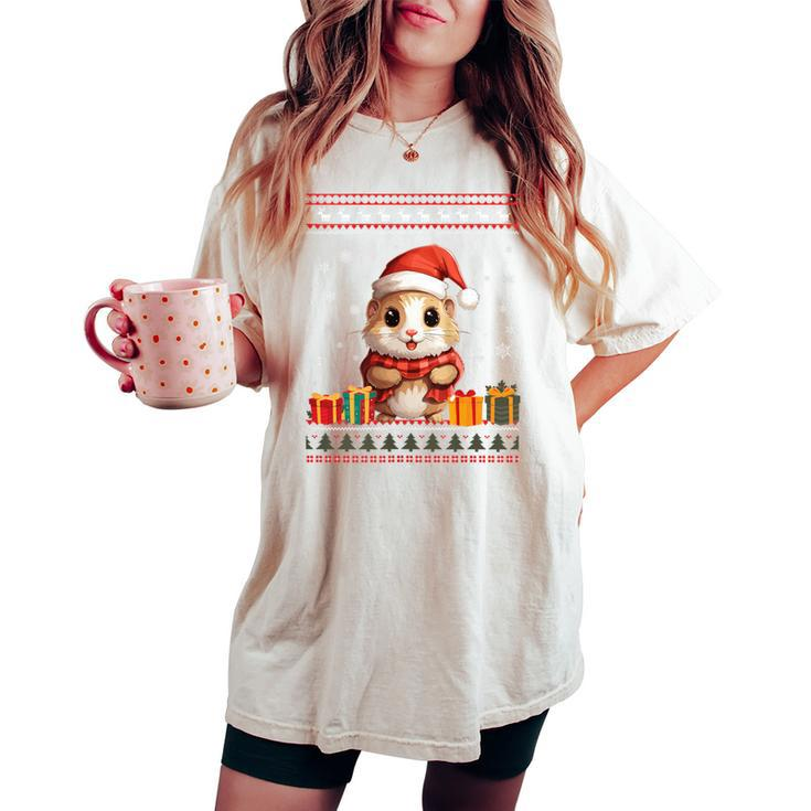 Christmas Hamster Santa Hat Ugly Christmas Sweater Women's Oversized Comfort T-shirt