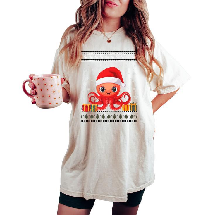 Christmas Octopus Santa Hat Ugly Christmas Sweater Women's Oversized Comfort T-shirt