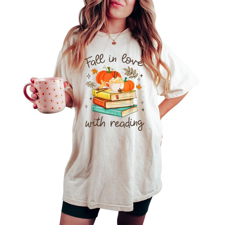 Fall In Love With Reading Book Autumn Pumpkins And Teachers Women's Oversized Comfort T-shirt