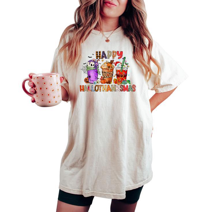 Happy Hallowthanksmas Iced Coffee Pumpkin Spice Caffeinated Women's Oversized Comfort T-shirt