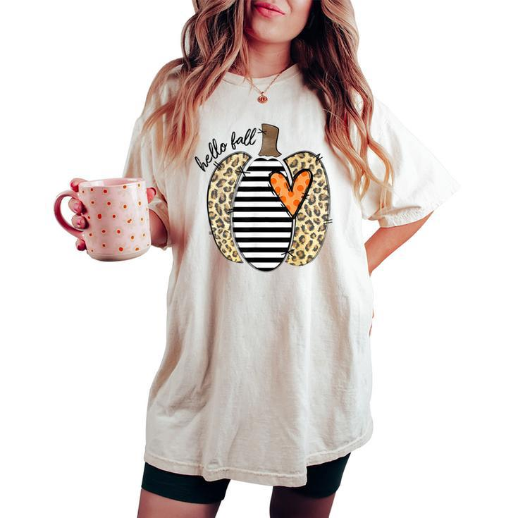 Hello Fall Yall Leopard Pumpkin Heart Happy Thanksgiving Women's Oversized Comfort T-shirt