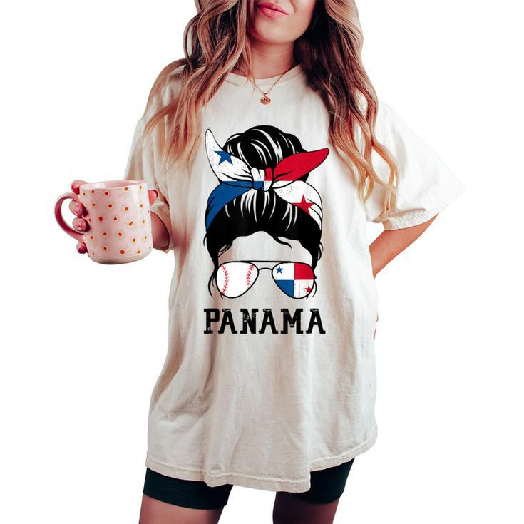 Panamanian Baseball Fan Girl Mom Messy Bun Panama Flag Women's Oversized Comfort T-shirt