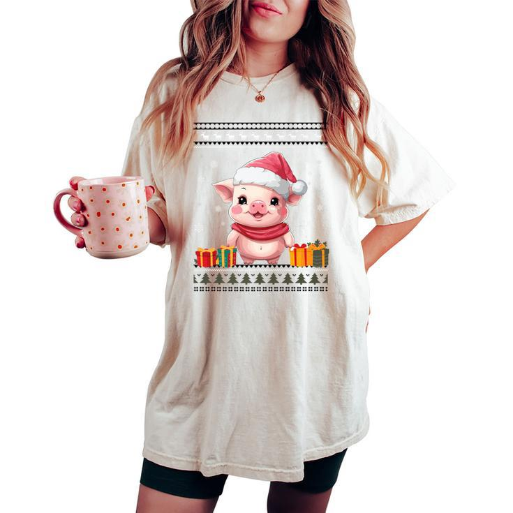 Pig Christmas Santa Hat Ugly Christmas Sweater Women's Oversized Comfort T-shirt
