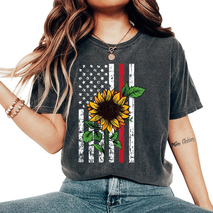 American Flag Sunflower Red Line Firefighter Patriotic Women's Oversized Comfort T-shirt