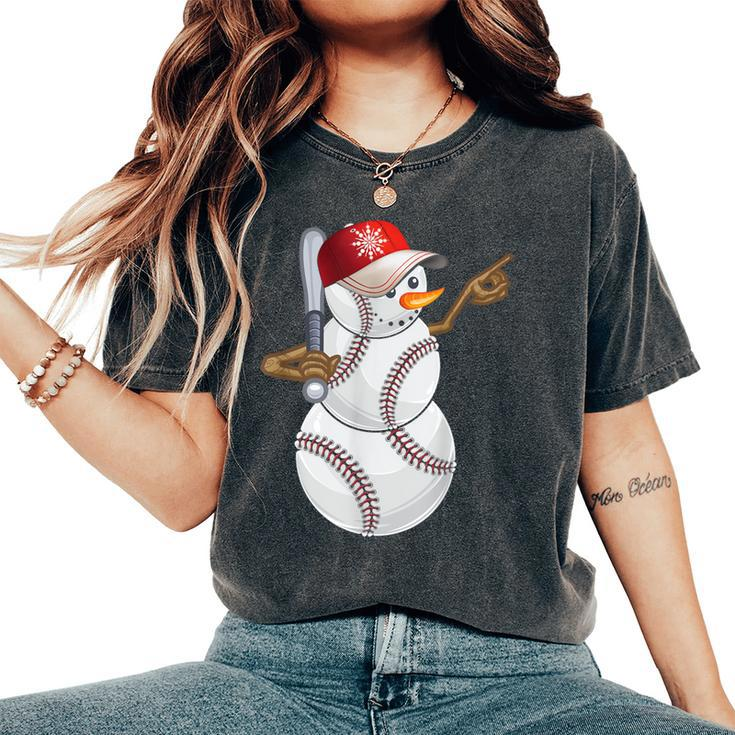 Baseball Snowman Balls Baseball Hat Snow Christmas Women Women's Oversized Comfort T-Shirt