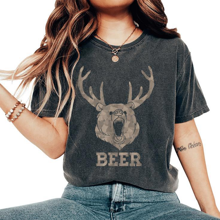 Bear Deer Beer Drinking Camo Antlers Hunting Camping Women's Oversized Comfort T-Shirt