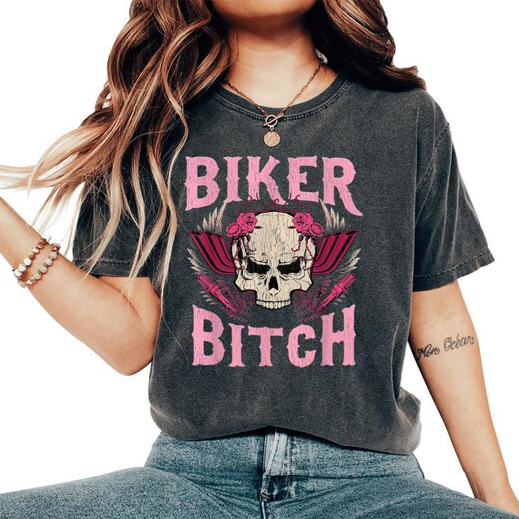 Biker Bitch Skull Motorcycle Wife Sexy Babe Chick Lady Rose Women's Oversized Comfort T-Shirt