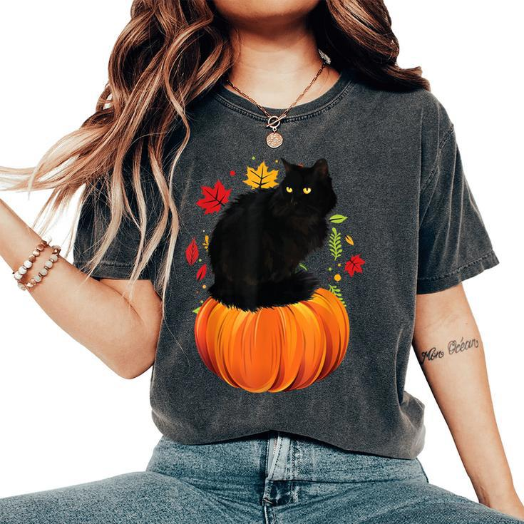 Black Cat Autumn Fall Season Pumpkin Thanksgiving Cat Women's Oversized Comfort T-Shirt