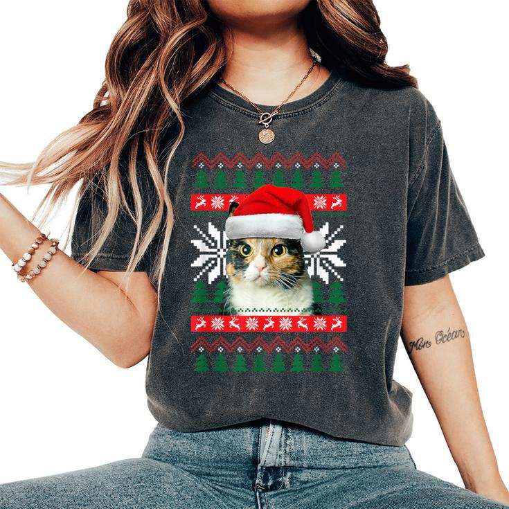 Calico Cat Ugly Christmas Sweater Style Santa Hat Kitty Mom Women's Oversized Comfort T-Shirt