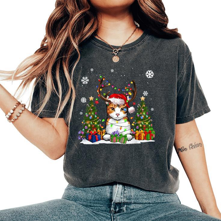 Cat Lovers Cute Eagean Cat Santa Hat Ugly Christmas Sweater Women's Oversized Comfort T-Shirt