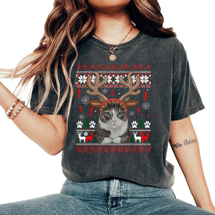 Christmas Cat Reindeer Ugly Christmas Sweater Women's Oversized Comfort T-Shirt