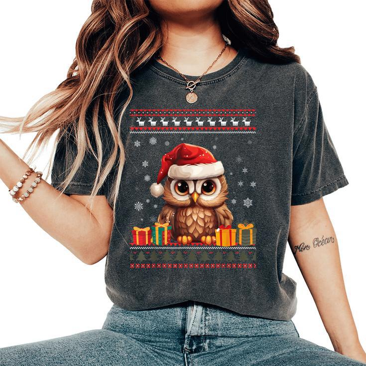 Christmas Owl Santa Hat Ugly Christmas Sweater Women's Oversized Comfort T-Shirt