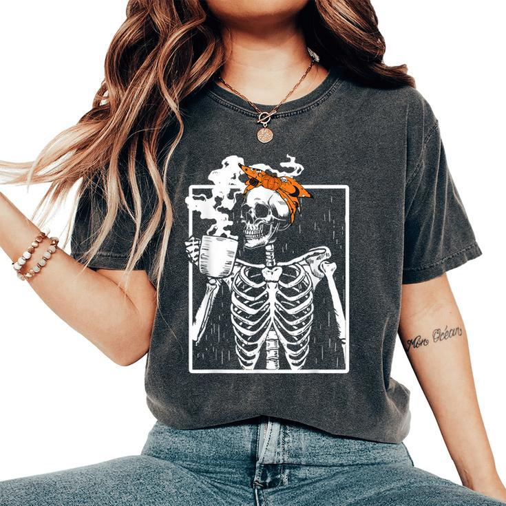 Coffee Drinking Skeleton Diy Halloween Messy Bun Girl Women's Oversized Comfort T-Shirt