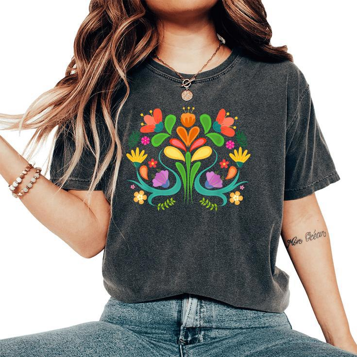Colorful Mexican Flowers Otomi Hispanic Heritage Month Pride Women's Oversized Comfort T-Shirt