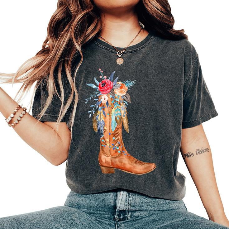 Cowgirl Boots Watercolor Floral Country Girls Southern Gals Women's Oversized Comfort T-shirt