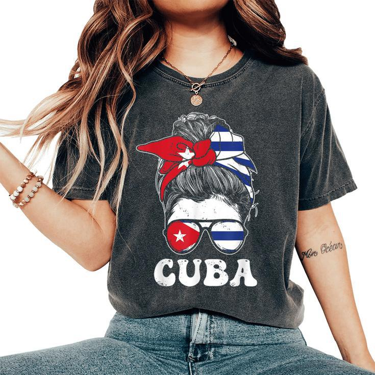 Cuban Girl Flag Messy Hair Bun Republic Of Cuba Heritage Women's Oversized Comfort T-Shirt