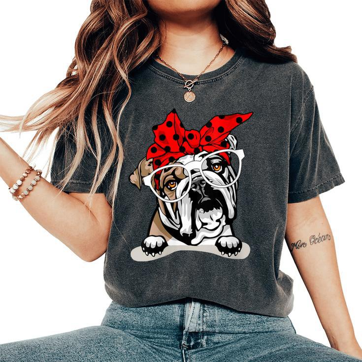 Cute English Bulldog Xmas Red Plaid Headband And Glasses Women's Oversized Comfort T-Shirt