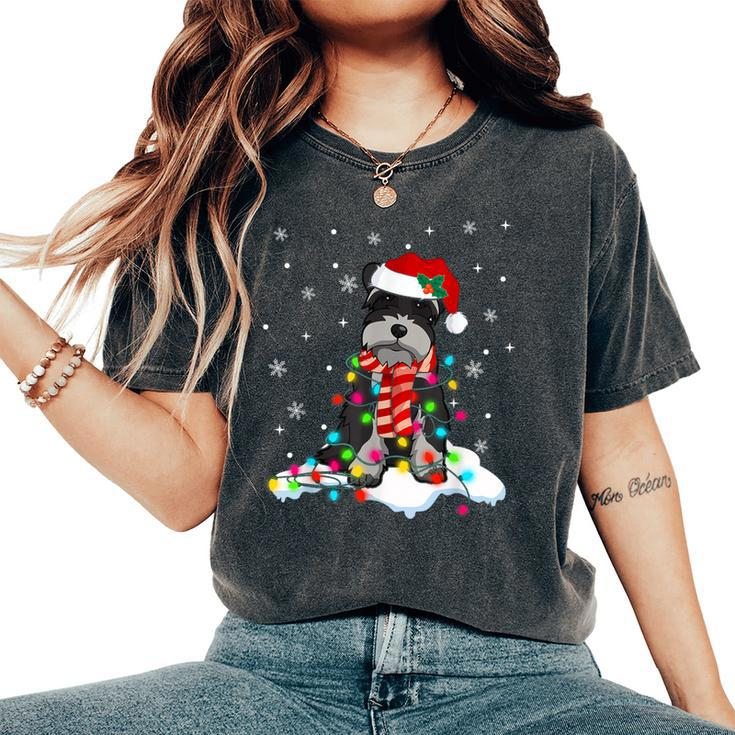 Cute Schnauzer Christmas Lights With Santa Hat Dog Dad Mom Women's Oversized Comfort T-Shirt