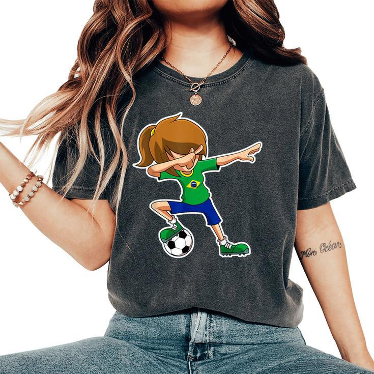 Dabbing Soccer Girl Brazil Brazilian Flag Jersey Women's Oversized Comfort T-Shirt
