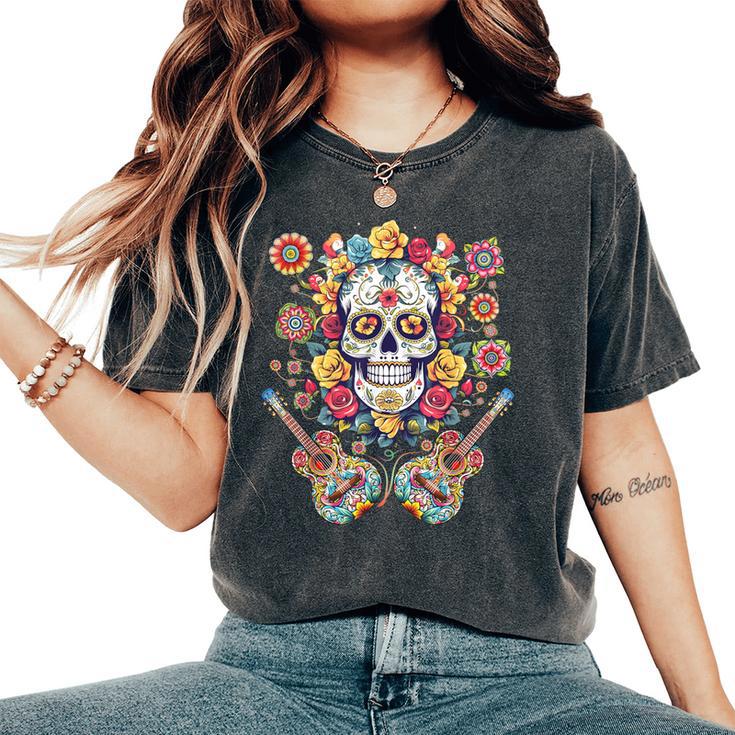 Day Of The Dead Flower Guitar Skull Dia De Los Muertos Women's Oversized Comfort T-Shirt