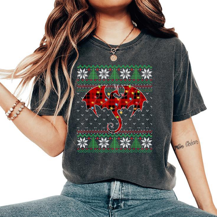 Dragon Red Plaid Ugly Sweater Christmas Lights Dragon Lover Women's Oversized Comfort T-Shirt