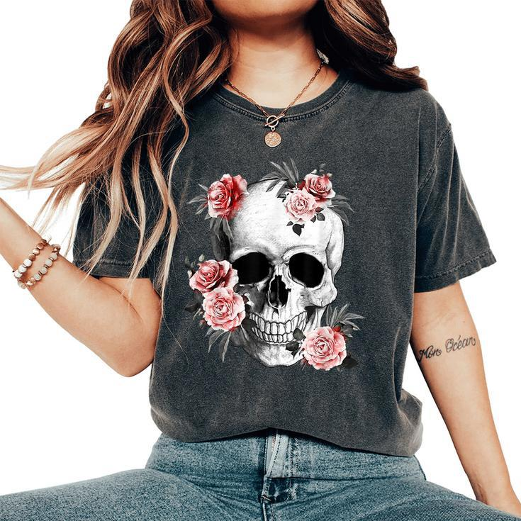 Floral Sugar Skull Rose Flowers Mycologist Gothic Goth Women's Oversized Comfort T-Shirt