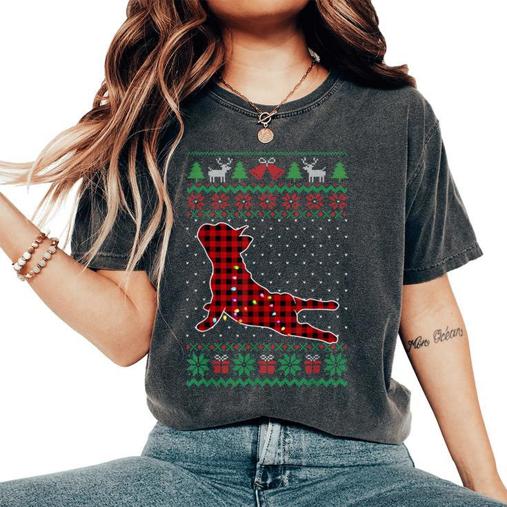 Frenchie Red Plaid Buffalo Ugly Christmas Sweater Women's Oversized Comfort T-Shirt