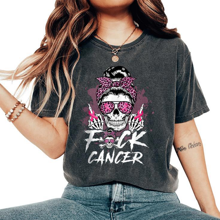 Fuck Breast Cancer Warrior Pink Ribbon Messy Bun Hair Women's Oversized Comfort T-Shirt