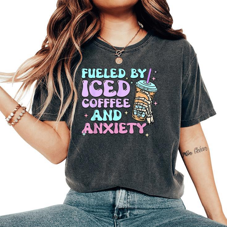 Fueled By Iced Coffee And Anxiety Retro Coffee Lover Women's Oversized Comfort T-Shirt