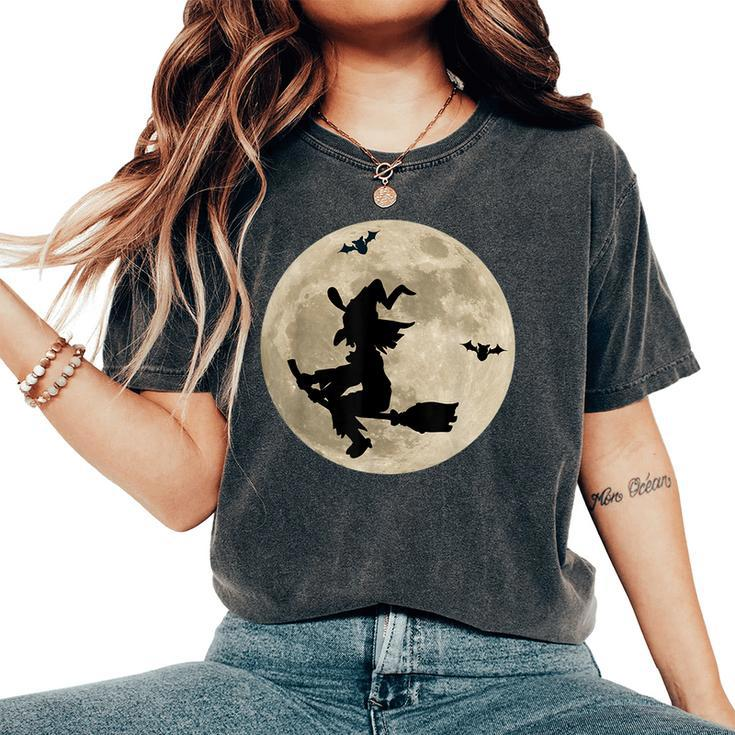 Full Moon Witch On Broomstick Bats Space Halloween Halloween Women's Oversized Comfort T-Shirt