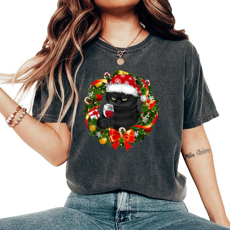 Black Cat And Wine Christmas Wreath Ornament Women's Oversized Comfort T-Shirt