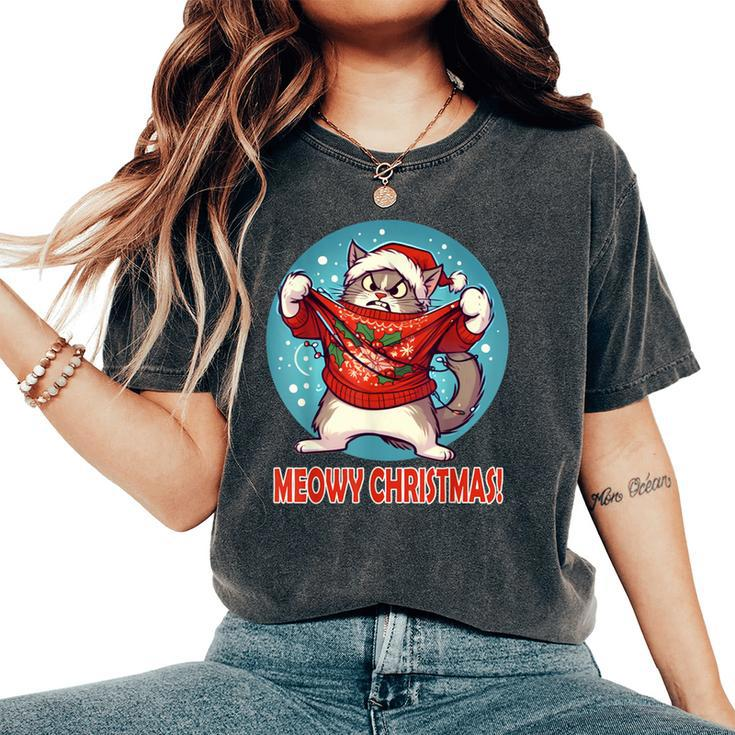 Cat In Ugly Sweater Meowy Christmas Pajama Women's Oversized Comfort T-Shirt