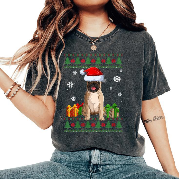 Dog Lovers Pug Santa Hat Ugly Christmas Sweater Women's Oversized Comfort T-Shirt