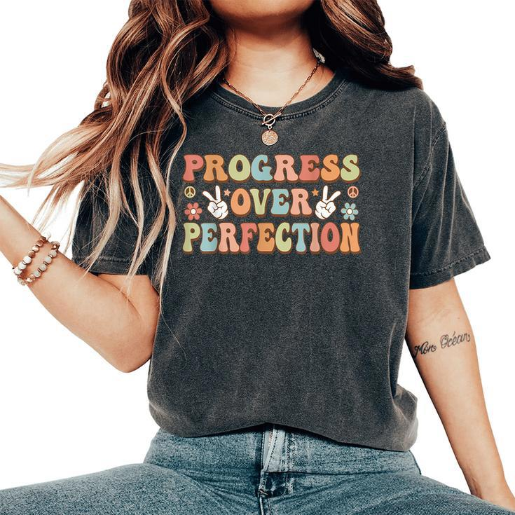 Back To School Progress Over Perfection Teacher Groovy Women's Oversized Comfort T-Shirt