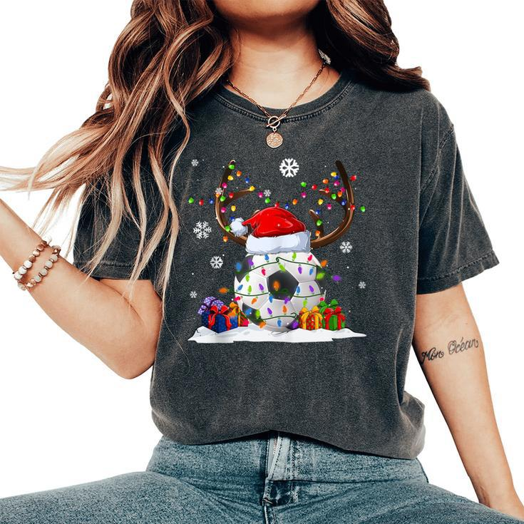 Soccer Lover Reindeer Santa Hat Ugly Christmas Sweater Women's Oversized Comfort T-Shirt