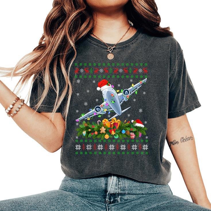 Xmas Lighting Tree Santa Ugly Airplane Christmas Women's Oversized Comfort T-Shirt