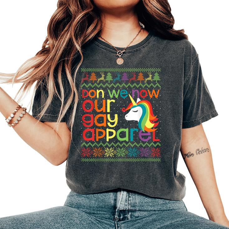 Gay Christmas Rainbow Unicorn Don We Now Our Gay Apparel Women's Oversized Comfort T-Shirt