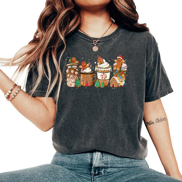 Gingerbread Cookie Christmas Coffee Cups Latte Drink Outfit Women's Oversized Comfort T-Shirt