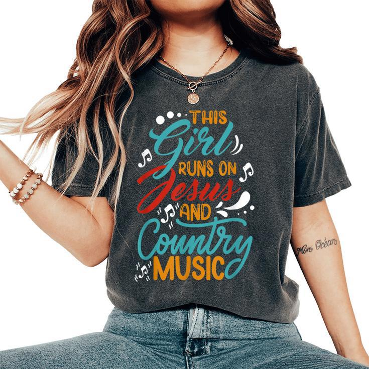 This Girl Runs On Jesus And Country Music Hat Cowgirl Guitar Women's Oversized Comfort T-shirt