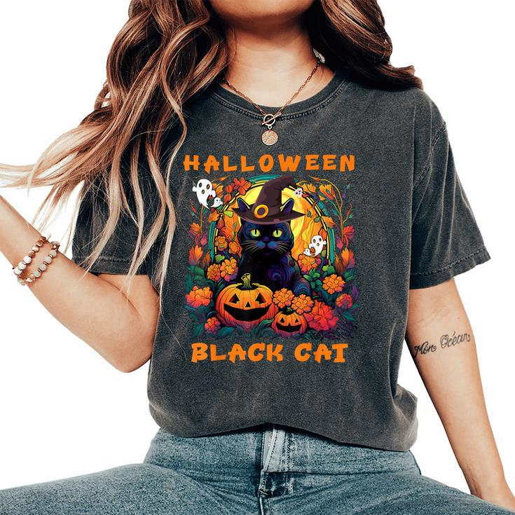 Groovy Black Cat Season Halloween Pumpkin Monster Costume Women's Oversized Comfort T-Shirt