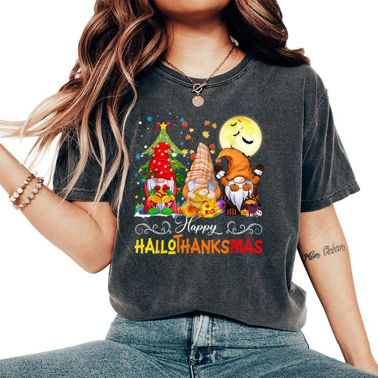 Halloween Thanksgiving Christmas Happy Hallothanksmas Gnomes Women's Oversized Comfort T-Shirt