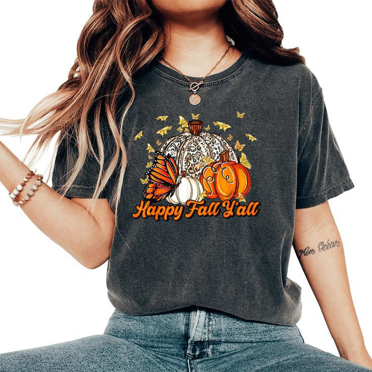 Happy Fall Y'all Pumpkin Butterfly Autumn Thanksgiving Retro Women's Oversized Comfort T-Shirt