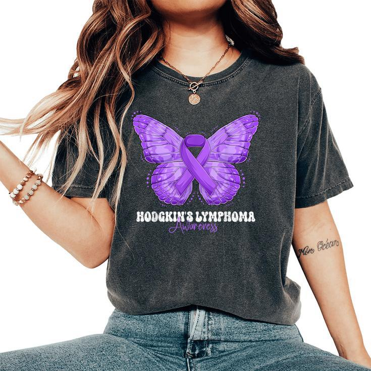 Hodgkin's Lymphoma Awareness Month Purple Ribbon Butterfly Women's Oversized Comfort T-Shirt